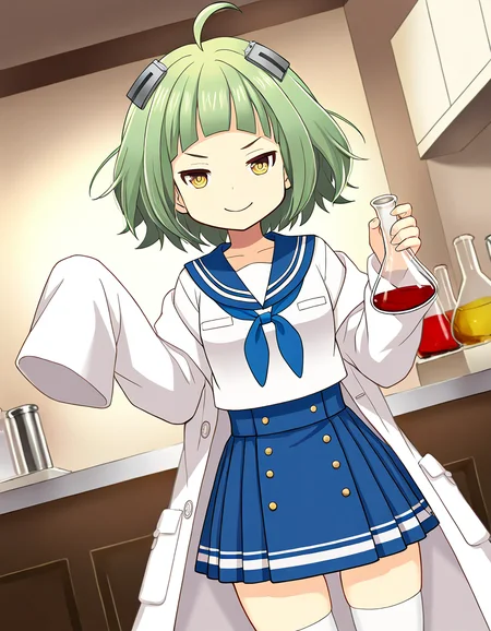masterpiece, best quality, newest, absurdres, highres, safe, 1girl, miyako hinano \(school uniform\), magia record: mahou shoujo madoka magica gaiden, sleeves past fingers, holding flask, solo, indoors, dutch angle, <lora:miyako_hinano_noobaiXLNAIXL_vPred10Version:0.7>