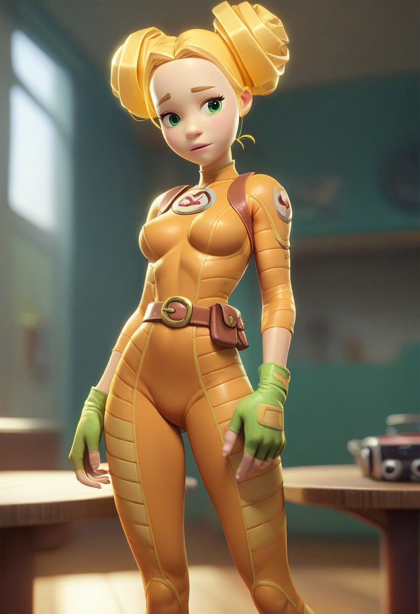 score_9, score_8_up, score_7_up, 1girl, solo, shpulya, yellow hair, double bun, green eyes, gloves, fingerless gloves, bodysuit, eyllow bodysuit, belt, giant room, giant furniture, standing on giant table, blurry background,
