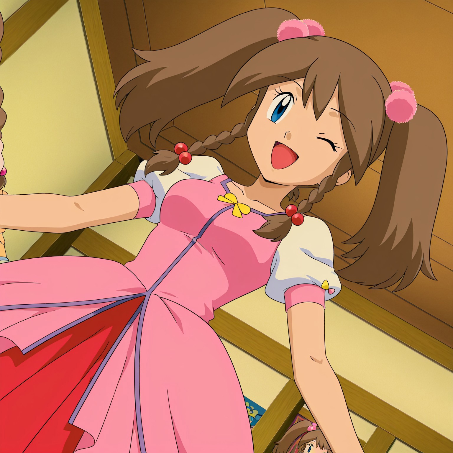 pokemon may, haruka, brown hair, twintails, braid, blue eyes, twin braids, hair ornament, hair bobbles, front view, solo, indoors, solo focus,medium breasts, dynamic angle, anime art style, anime coloring, Anime Screencap, dress, pink dress, posing, happy,  one eye closed, bedroom,  solo, 