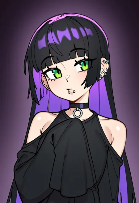 minkye, character portrait, 1girl, ear piercing, lip piercing, chin piercing, colored inner hair, black hair, purple hair, hime cut, blunt ends, medium bangs, green eyes, long dress, black dress, shoulder cutout, sleeves past fingers, black choker, bare shoulders, black sleeves, choker, clothing cutout, detached sleeves, dress, gothic, shoulder cutout, sleeves past wrists, very long sleeves
