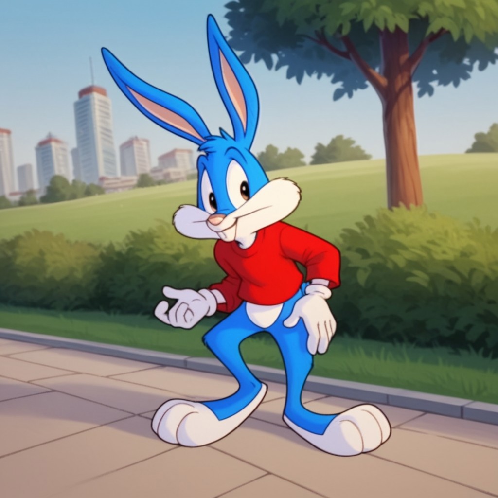 score_9, score_8_up, score_7_up, score_6_up, score_5_up, score_4_up, source_furry, bustertta, anthro, male, bunny, blue fur, red shirt, white gloves, in a park, full body
