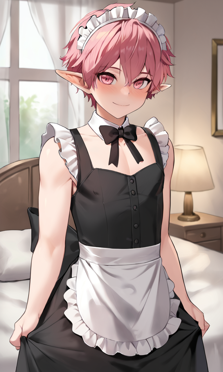 score_9, score_8_up, score_7_up, score_6_up, score_5_up, score_4_up, g1 style, pointy ears, maid headdress, 1boy, maid, male focus, pink hair, otoko no ko, solo, blush, apron, crossdressing, pink eyes, elf, short hair, sleeveless, looking at viewer, indoors, white apron, black dress, dress, bed, smile, waist apron, male maid, sleeveless dress, closed mouth, frills, lamp, bow, maid apron, hair between eyes, nose blush, bedroom, black bow, pillow, standing, frilled apron, on bed, collarbone