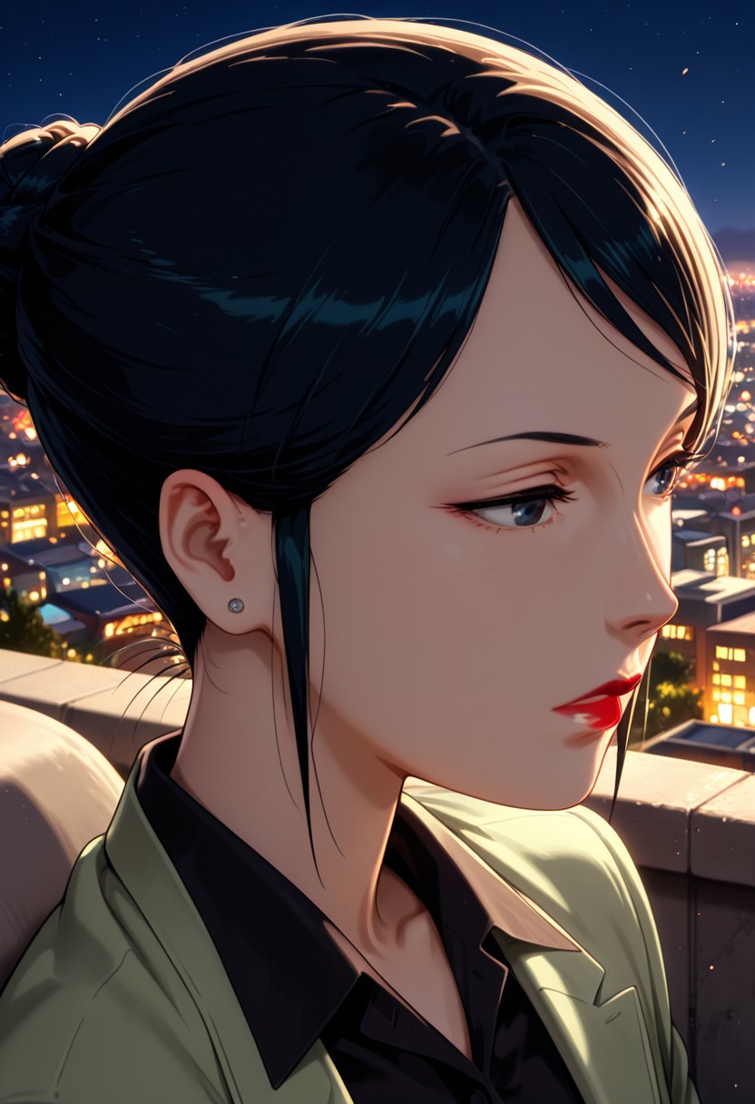 masterpiece, best quality, newest, absurdres, CG, anime, source anime, illustration, very aesthetic, high resolution, ultra-detailed, newest, scenery, medium depth of field, rule of thirds, masterpiece-level, clean lines, sharp, focused subject
1girl, solo, AtsukoChiba, 1girl, black hair, lipstick, red lips, hair bun, earrings,
collared shirt,black shirt, green jacket, 
closeup to face, expressionless, portrait, outside border
outdoors, night city view
cinematic angle, detailed background, beautiful background, (rays light:1.0),(grow:1.0), light particles, motion lines, from both sides