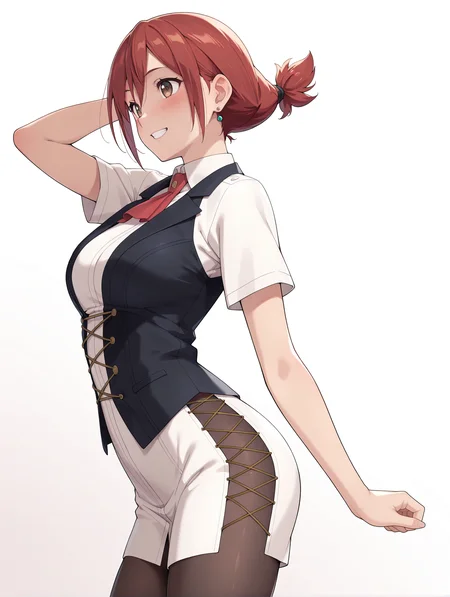 masterpiece,best quality,newest,
1girl,solo,
<lora:t_hibari_ilxl_v1.0:1>,t_h,short twintails,red hair,brown eyes,h_clothes,red ascot,black_pantyhose,white skirt,
<lora:Fixhands_anime_bdsqlsz_V1:1>,blush,simple background,white background,arched_back,arm_above_head,cowboy_shot,grin,profile,looking ahead,