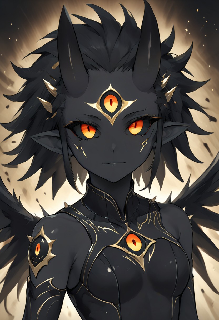 abstractzyrnox, abstract, abstract art, expressive eyes, perfect face, ((te'kharoth, third eye), tail, horns), spiky hair, messy hair, ponytail hair, thick hair, black hair, black sclera), 1girl, gold eyes, wings, BREAK, armor, facial line markings
