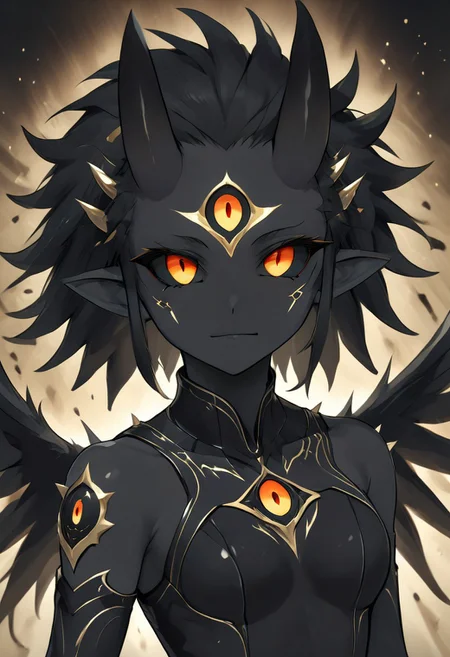 abstractzyrnox, abstract, abstract art, expressive eyes, perfect face, ((te'kharoth, third eye), tail, horns), spiky hair, messy hair, ponytail hair, thick hair, black hair, black sclera), 1girl, gold eyes, wings, BREAK, armor, facial line markings