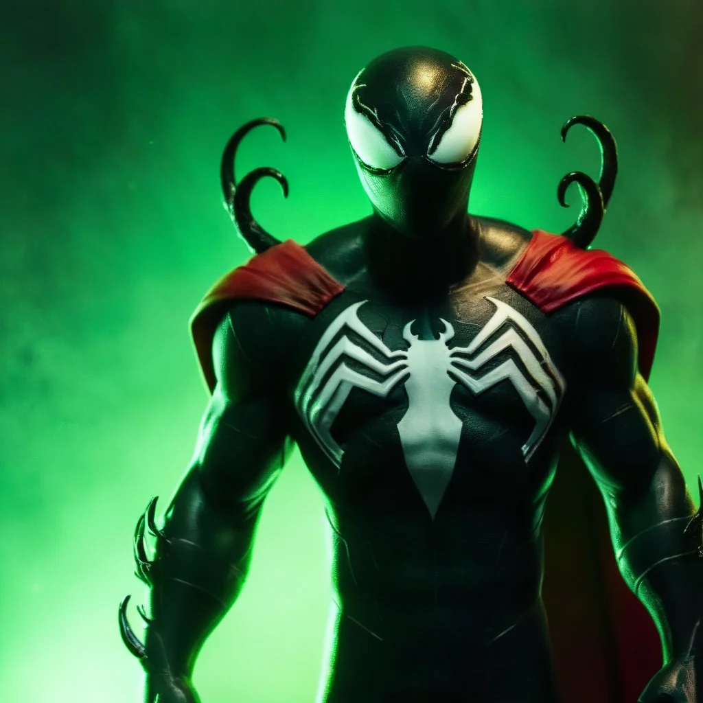 cinematic film still of  <lora:Symbiote Style v2:1> Symbiote Style
 <lora:comic book magazine:1>
Spawn a man in a symbiotic costume with a red cape and a green glowing eye comic book magazine style, shallow depth of field, vignette, highly detailed, high budget, bokeh, cinemascope, moody, epic, gorgeous, film grain, grainy