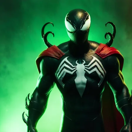 cinematic film still of <lora:Symbiote Style v2:1> Symbiote Style
<lora:comic book magazine:1>
Spawn a man in a symbiotic costume with a red cape and a green glowing eye comic book magazine style, shallow depth of field, vignette, highly detailed, high budget, bokeh, cinemascope, moody, epic, gorgeous, film grain, grainy