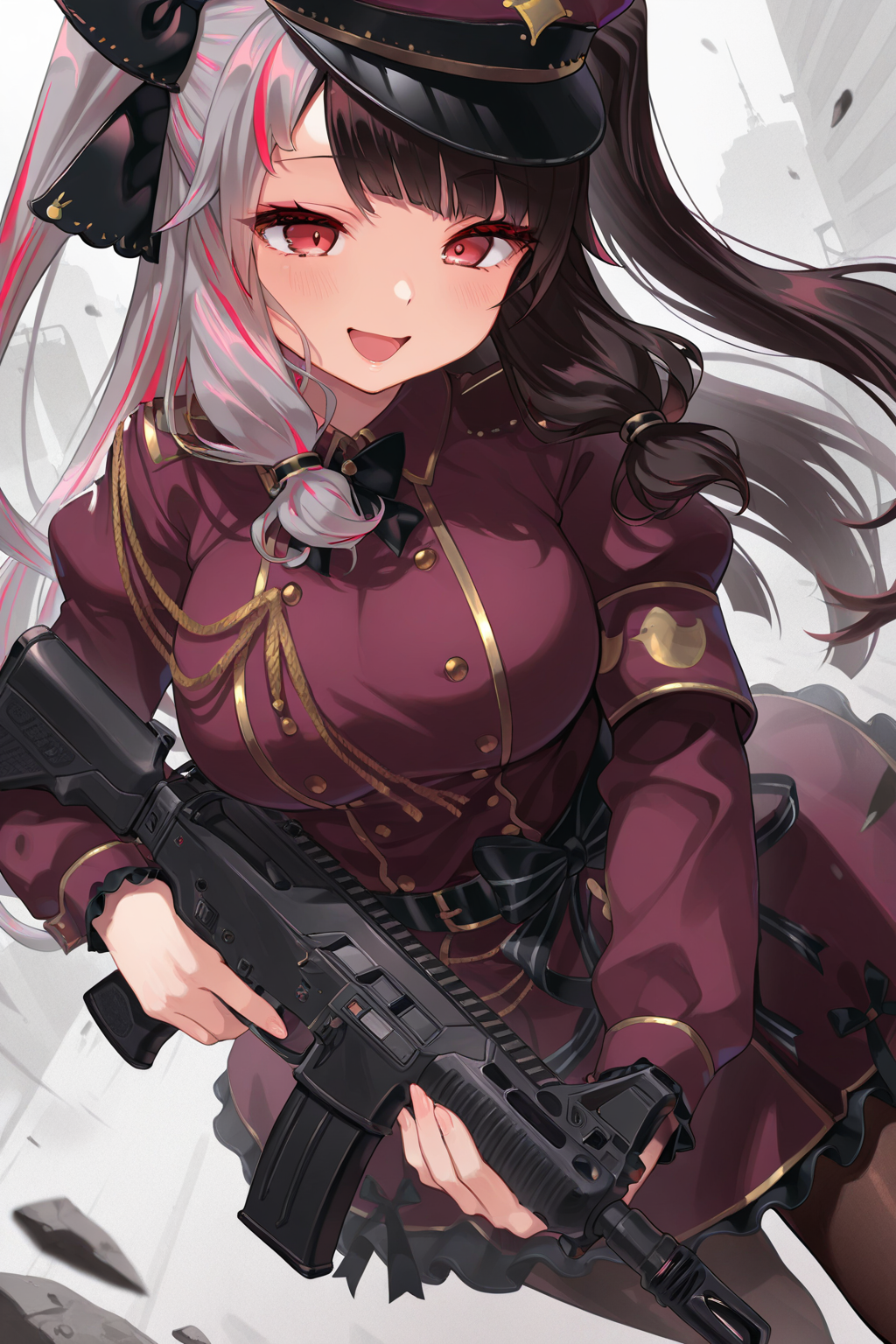 1girl, YorumiRenaNijisanji,
general, solo, perspective, dynamic angle, half body,
long hair, twintails, eyelashes, red eyes, 
large breasts,
peaked cap, military uniform, brown pantyhose,
\:D, holding gun, assault rifle,
<lora:kp_YorumiRenaNijisanji2ndCostumeIllustrious_v1_0:1.0>,
masterpiece, best quality, amazing quality