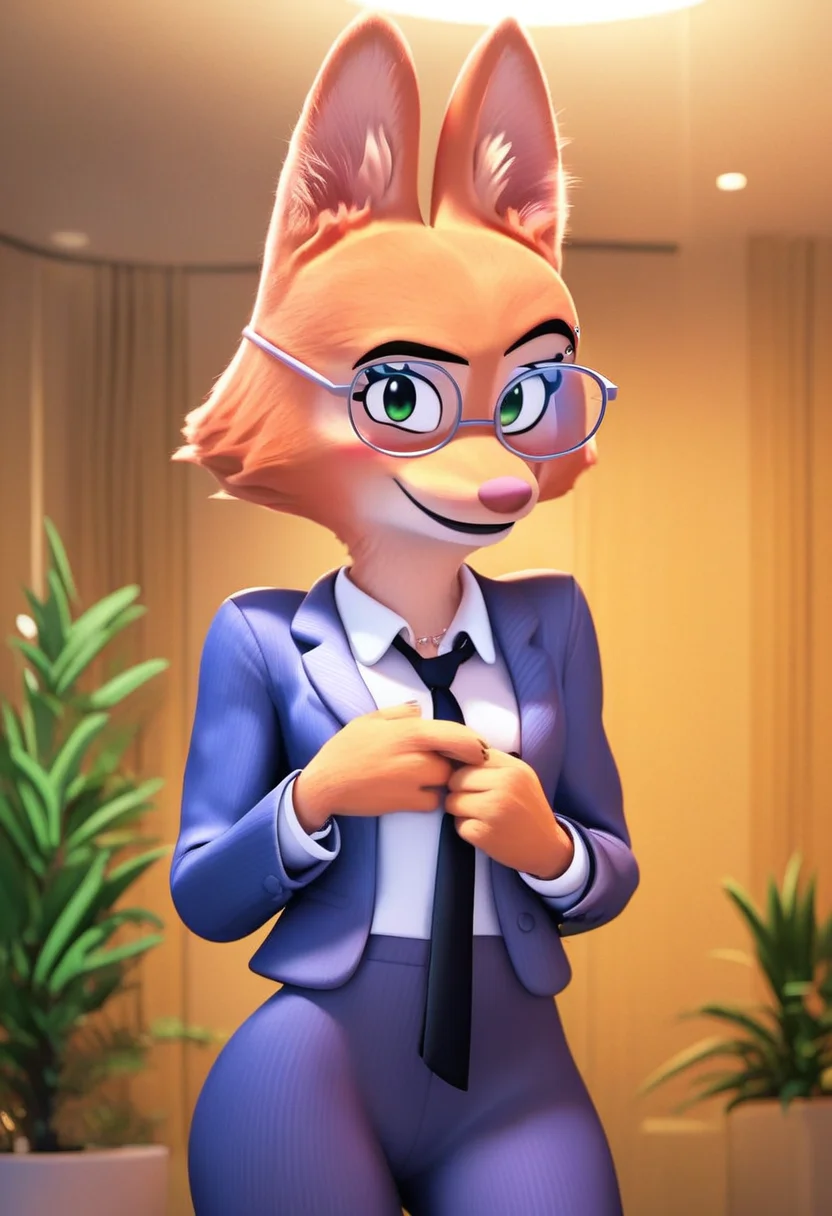 zPDXL, score_9,score_8_up,score_7_up,_up,source_cartoon, best quality, amazing quality, masterpiece, 1girl, looking at viewer, solo, fullbody, cute, blush, smile, diane foxington, green eyes, orange fur, fox girl, jewelry, indoors, room, plant, formal, white shirt, glasses, suit, jacket, long sleeves, black necktie, pants