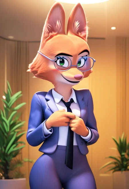 zPDXL, score_9,score_8_up,score_7_up,_up,source_cartoon, best quality, amazing quality, masterpiece, 1girl, looking at viewer, solo, fullbody, cute, blush, smile, diane foxington, green eyes, orange fur, fox girl, jewelry, indoors, room, plant, formal, white shirt, glasses, suit, jacket, long sleeves, black necktie, pants