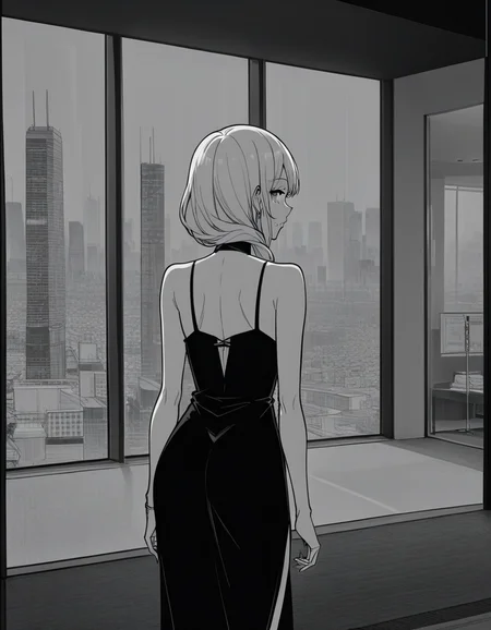 score_9, score_8_up, score_7_up, souce_anime, BREAK masterpiece, best quality, very aesthetic, absurdres, 1girl, standing with looking back to camera, from behind, sparkling black dress, satin dress, long blonde hair, shoulders, perfect eyes, cowboy shot,<lora:shibuya_sky_gallery_ponyDiffusionV6XL_v6_Lion_2460_v1.01:0.8>, cityscape from sky gallery, at night, night sky, black floor, indoor lookout, glass wall, window, anime screencap, <lora:LineArt Mono Style LoRA_Pony XL v6:0.7> flat color,, lineart, monochrome, greyscale,,