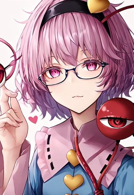 1girl, satori, komeiji_satori, bespectacled, glasses, third_eye, black_hairband, blue_shirt, long_sleeves, frilled_sleeves, wide_sleeves, frilled_shirt_collar, pink_skirt, eyeball, heart_button
masterpiece, best quality, very aesthetic, absurdres,