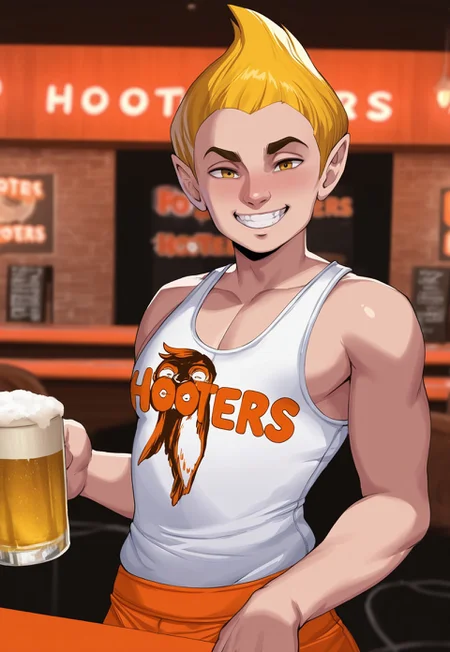 masterpiece, best quality, amazing quality, byazura, 1boy, man, hooters outfit, holding beer, hooters restaurant background, grin
