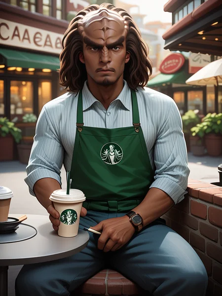 score_9,score_8_up,score_7_up,score_6_up,score_5_up,score_4_up , 1man, kling0n alien, large forehead ridges, brown skin, large eyebrows, sitting at a sidewalk cafe drinking a latte <lora:Klingon_v2_pony:1>