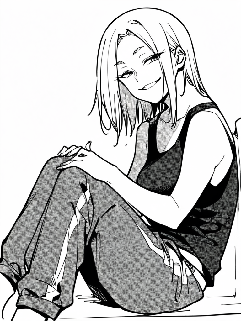 score_9, score_8_up, score_7_up,  
1girl,  monochrome, Kanako young, white hair, medium hair, parted bangs, medium breasts,


sitting, from side, knees to chest, white background, smile, narrowed eyes, naughty face, looking at viewer, tank top, track pants,