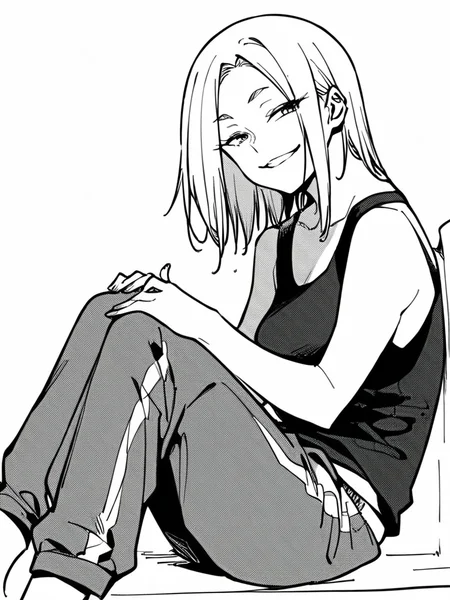 score_9, score_8_up, score_7_up,
1girl, monochrome, Kanako young, white hair, medium hair, parted bangs, medium breasts,
sitting, from side, knees to chest, white background, smile, narrowed eyes, naughty face, looking at viewer, tank top, track pants,