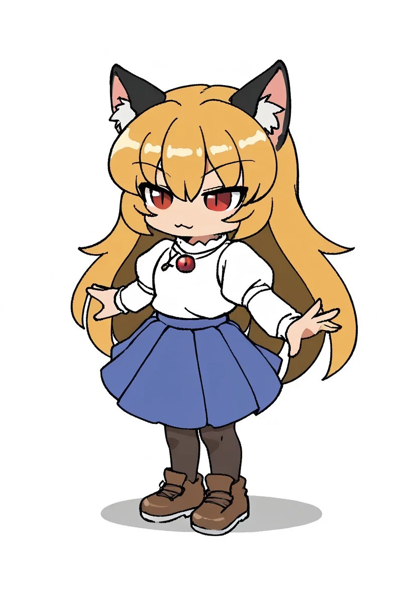 score_9, score_7_up, source_anime, masterpiece, best quality, detailed, perfect, perfection, aesthetic, absurd, detailed, MiraeSomang,
illustration showing necoarc,
1girl, blonde hair, red eyes, slit pupils, cat ears, :3, chibi,
turtleneck, white shirt, blue skirt, pleated skirt, pantyhose, brown footwear,
dynamic pose, white background
