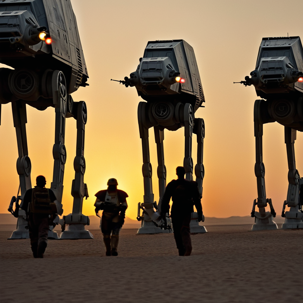 cinematic film still of  <lora:star wars style v2:0.2>
<lora:detailed:0.4> detailed
<lora:perfection style:0.4> perfect
<lora:Chiaroscuro Lighting Style:0.2>
 <lora:AT-AT Walker:0.8>
AT-AT Walker a group of AT-AT Walker walking across a desert,sky,cloud,no humans,robot,scenery,mecha,science fiction,realistic,spacecraft,non-humanoid robot , star wars style, cinematic scene, sunset, golden hour, shallow depth of field, vignette, highly detailed, high budget, bokeh, cinemascope, moody, epic, gorgeous, film grain, grainy