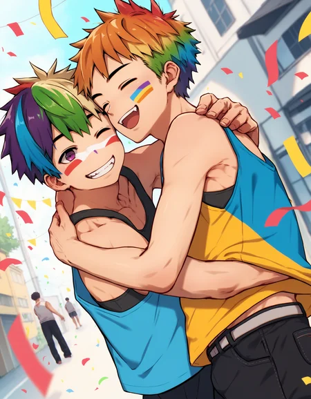 score_9, score_8_up, score_7_up, score_6_up, source_anime, outdoors, city street, dutch angle, 2boys, toned, rainbow hair, face paint, eye contact, smile, tank top, rainbow flag, confetti, hug <lora:modokie-amxl-v1-ShoAI:1.0>