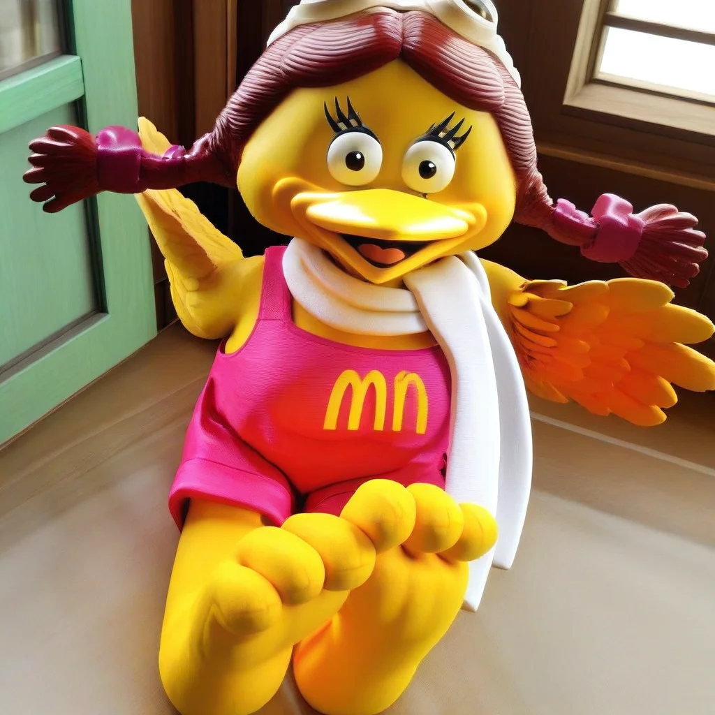 m symbol on chest, black eyes, talen feet, 3D, red pigtails hair, yellow bird, white scarf, goggles on top of head, yellow beak, pink romper, feather hands, Birdy, female anthro