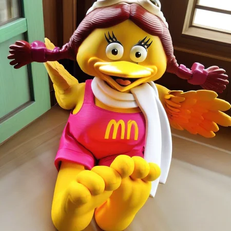 m symbol  on  chest, black  eyes, talen feet, 3D, red pigtails hair, yellow  bird, white scarf, goggles on top of  head, yellow beak, pink romper, feather hands, Birdy, female anthro