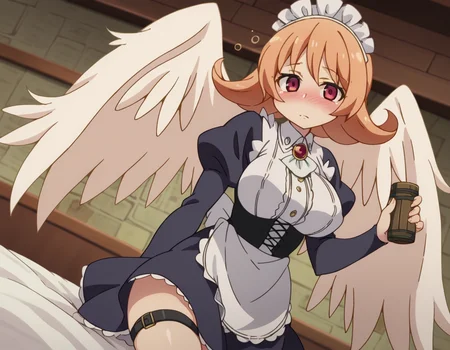 score_9, score_8_up, score_7_up, source_anime,
reviewermeidri, <lora:reviewer-meidri-ponyxl-lora-nochekaiser:1>
meidri, short hair, bangs, red eyes, orange hair, flipped hair, mature female,
long sleeves, dress, jewelry, frills, wings, puffy sleeves, apron, maid, maid headdress, thigh strap, juliet sleeves, brooch, white apron, feathered wings, maid apron, puffy long sleeves, white wings,
indoors, bed, bed room, on side, blush, drunk,
looking at viewer, dutch angle, cowboy shot,