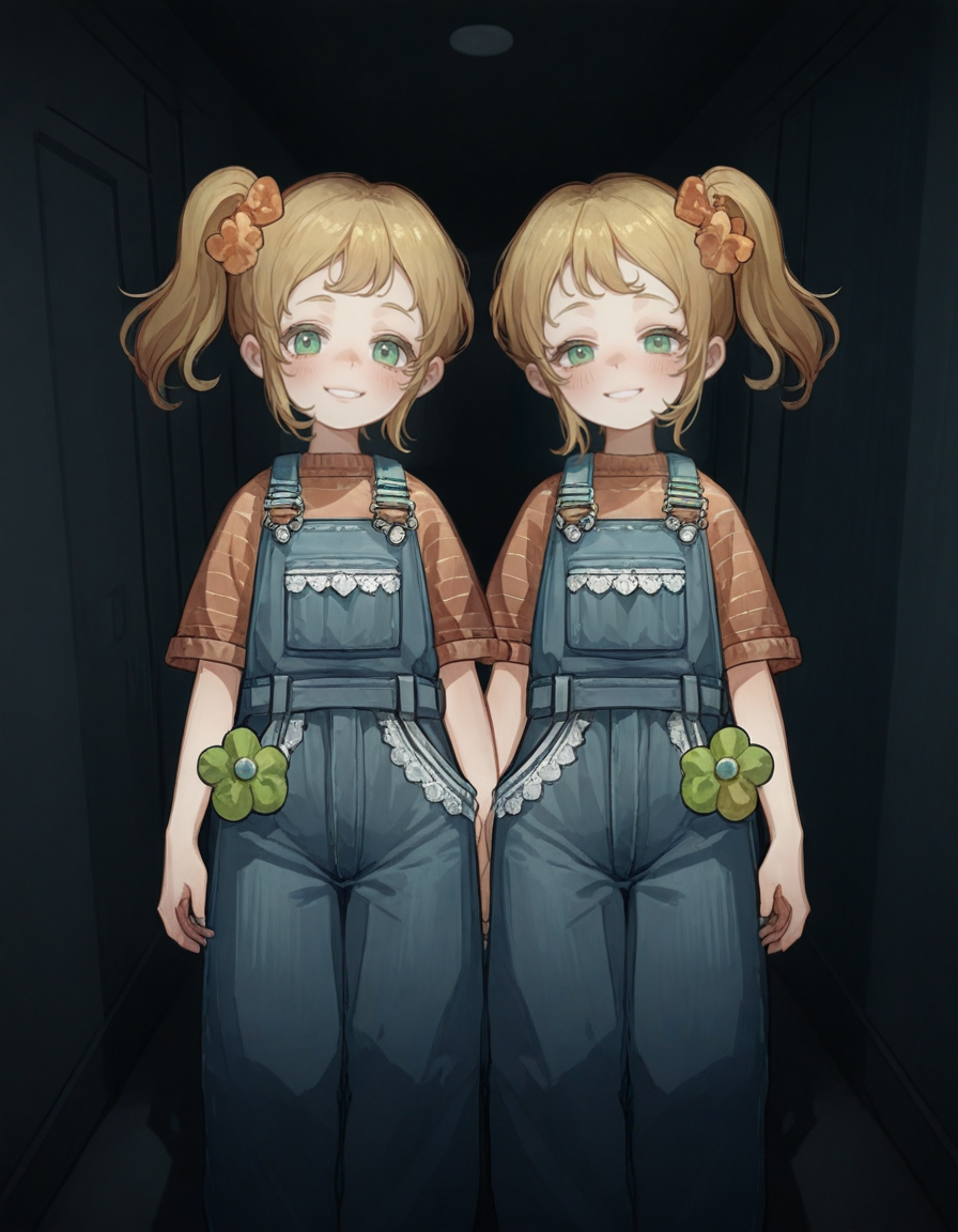 twins, 2girls, 
lisa, louise, 
smile, overalls, looking at viewer, 
blush, , blue overalls, 
dark hallway, shadows, standing, 
<lora:twins_sleep:1>, (masterpiece, best quality, high quality, highres, ultra-detailed),