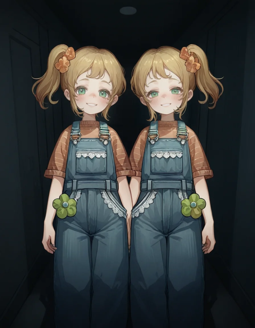 twins, 2girls,
lisa, louise,
smile, overalls, looking at viewer,
blush, , blue overalls,
dark hallway, shadows, standing,
<lora:twins_sleep:1>, (masterpiece, best quality, high quality, highres, ultra-detailed),