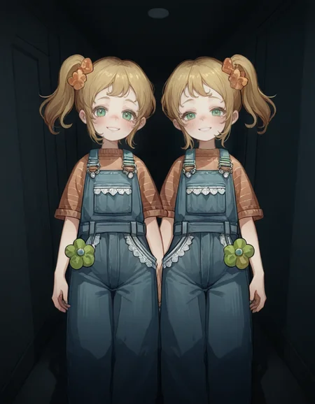 twins, 2girls, 
lisa, louise, 
smile, overalls, looking at viewer, 
blush, , blue overalls, 
dark hallway, shadows, standing, 
<lora:twins_sleep:1>, (masterpiece, best quality, high quality, highres, ultra-detailed),