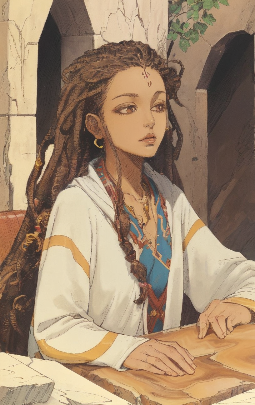 artwork <lora:Moebius:1>, outdoor at morning, 1woman 60yo (Pipaluk Abelsen:1.3), Dreadlocks hair do a clasp, plateau, travertine