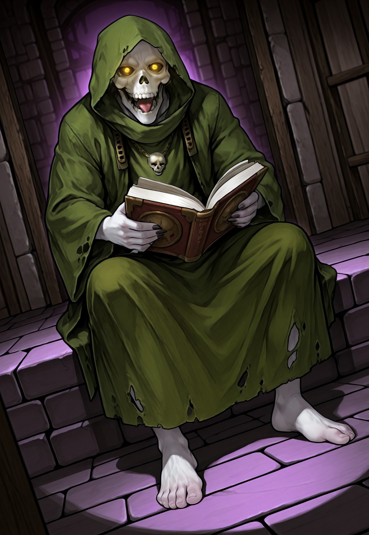 score_9,score_8,score_7,source_furry,
(masterpiece, best quality, high quality:1.2), detailed hands,character focus, detailed skins, body blush, cinematic shadow, character focus, ultra detailed background, 
 <solo:1.5>, <1boy:1.5>,
(anime:3.5), (dutch angle:1.5),(close up male:1.5),(sideshot:1.5),
detailed skull, detailed face, detailed teeth,
polewiz, male focus, white skin, skull, bald, teeth, tongue, green hood, green cloak, green robes, torn robes, Olive color kanzugi, short kanzugi, green skirt, wide sleeve, (long sleeve:1.2), glowing eyes, yellow eyes, deep eyes hole, long fingernails, gaunt, bony, barefoot, (detailed toes:1.8), adult,
dark purple back ground, abyss, block dungeon background, passageway in distance, darkness,
sitting stone floor, (reading book:1.5), having book,