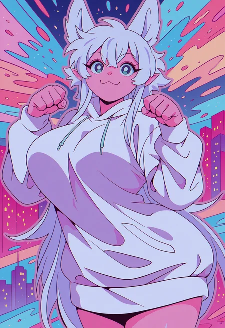 masterpiece, best quality, 1girl, solo, :3, smile, paw pose, pastel colors, pink theme, 80's theme, city pop, colorful, thick outline, vector graphics, abstract background <lora:lv2supercheatpowers_fenrys_illustriousXL:1> lv2fenrys, white hair, animal ears, pointy ears, large breasts, white hoodie, cowboy shot,