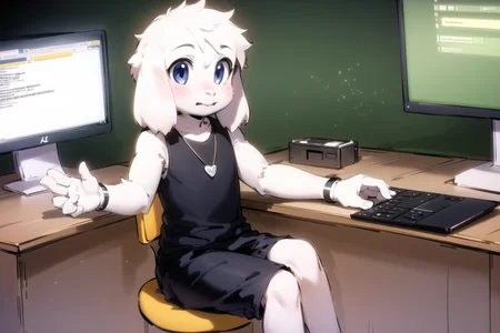 1boy, <lora:asriel-30:0.8>, kid, black undershirt, sit, chair, table, computer, coding, programmer, sleeveless, white skin