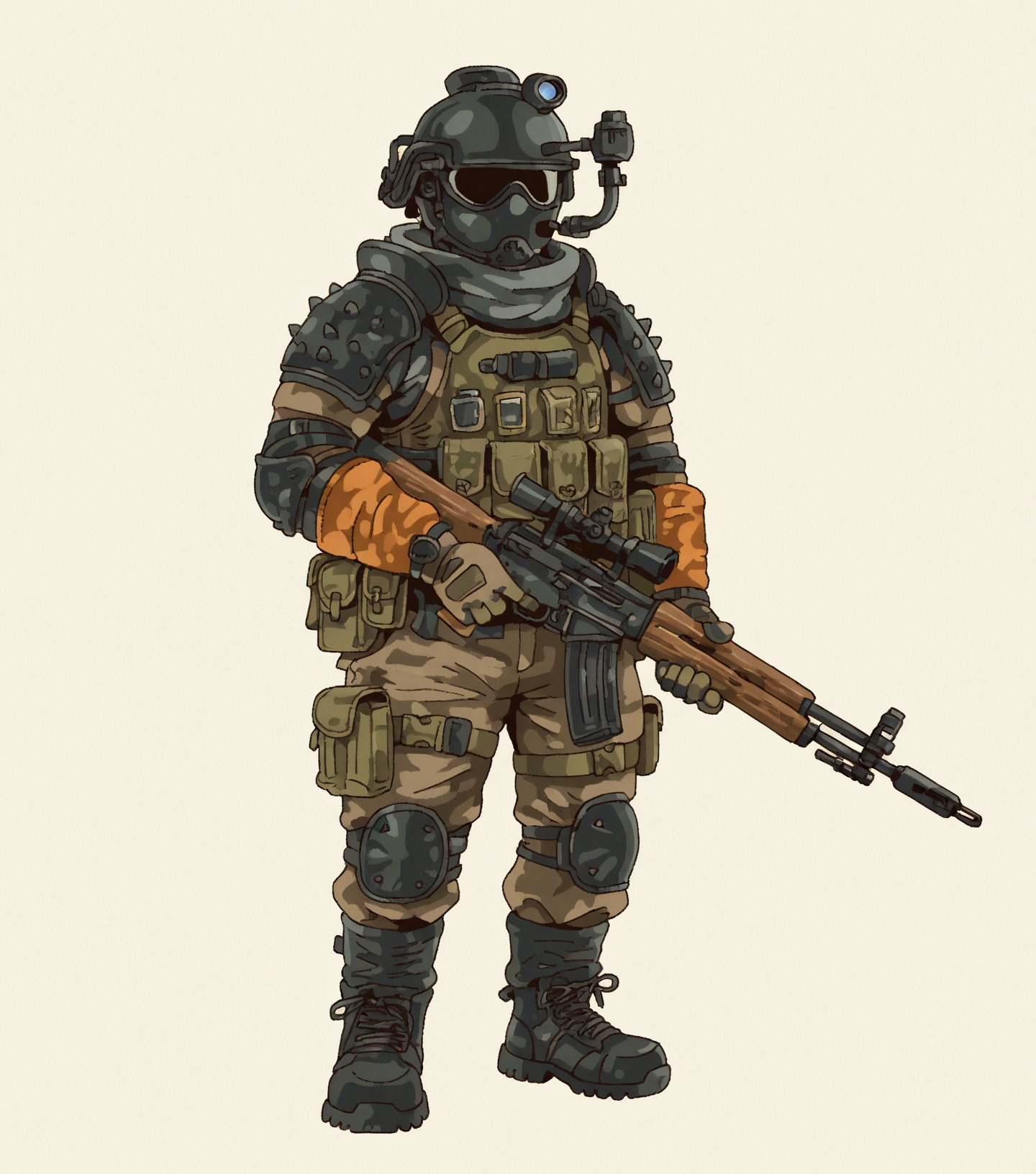 masterpiece, best quality, amazing quality, <lora:Style_v1_buns:1> 5tyl3v1, solo, simple background, no humans, full body, Arms Dealer, rugged wear, cargo pants, in warehouse, rifle, masterpiece, best quality, amazing quality