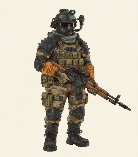masterpiece, best quality, amazing quality, <lora:Style_v1_buns:1> 5tyl3v1, solo, simple background, no humans, full body, Arms Dealer, rugged wear, cargo pants, in warehouse, rifle, masterpiece, best quality, amazing quality