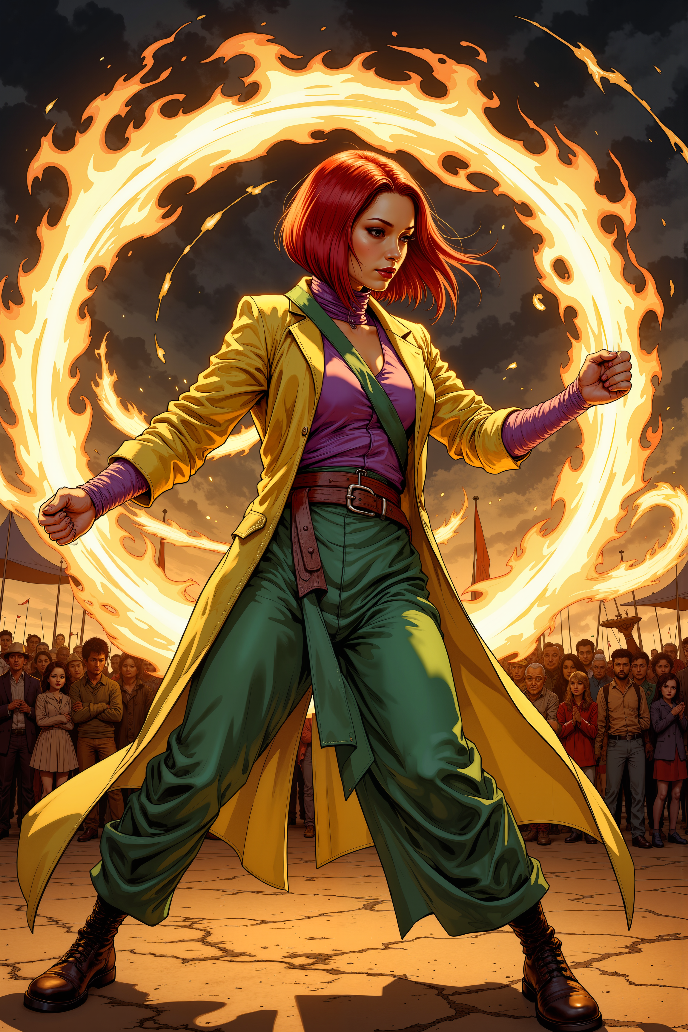 An Asian woman with a sleek, straight bob dyed a deep crimson twirls two blazing fire poi in perfect synchronization. Her green,yellow,silver and violet attire, sharp and tailored, remains pristine despite the trails of fire whipping dangerously close. The warm glow reflects off her pale skin and sharp jawline as a crowd of festival-goers watches in amazement. Her expression remains perfectly neutral, as if calculating the exact arc of each movement rather than engaging in a daring performance.<lora:Dorota_Pietrowiak:0.3> Portrait by Dorota Pietrowiak <lora:Comic book V2:0.8> High-contrast illustration