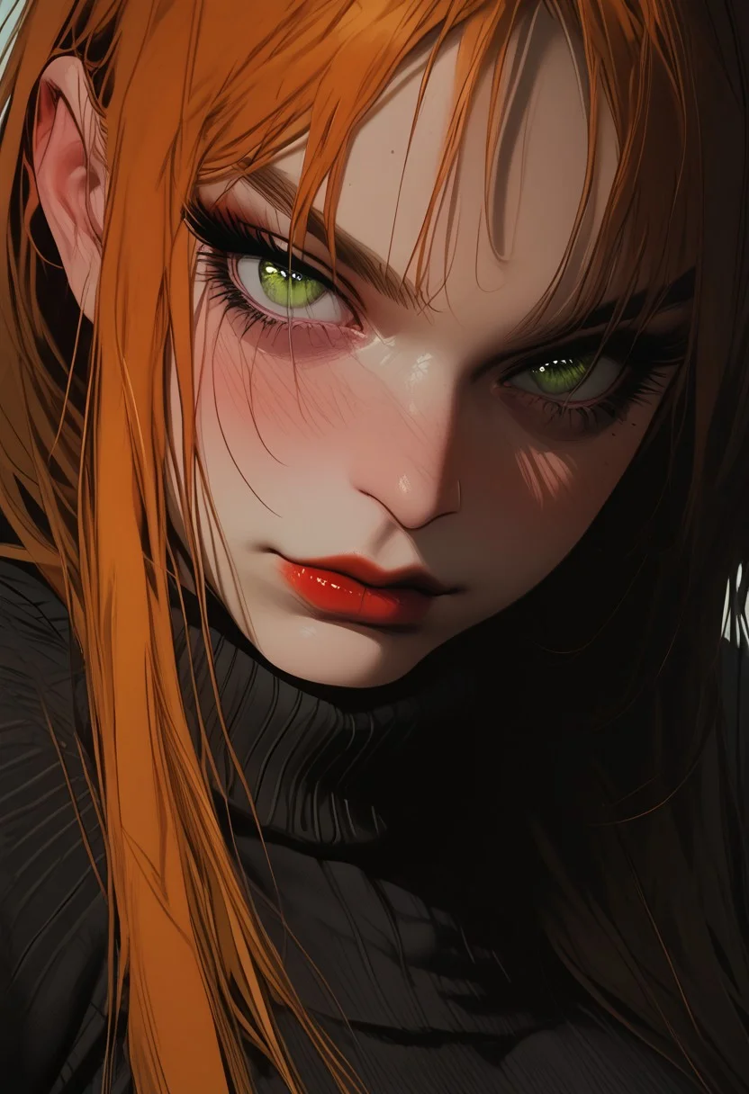 score_9, score_8_up, score_7_up, score_6_up, score_5_up, 1girl, long hair, orange hair, green eyes, perfect round face, blush, looking at viewer, sweater, (bulging muscles), (bulging breasts), athletic, dark red lipstick, face focus, close up,