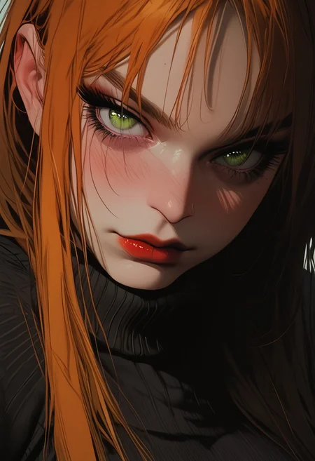 score_9, score_8_up, score_7_up, score_6_up, score_5_up, 1girl, long hair, orange hair, green eyes, perfect round face, blush, looking at viewer, sweater, (bulging muscles), (bulging breasts), athletic, dark red lipstick, face focus, close up,