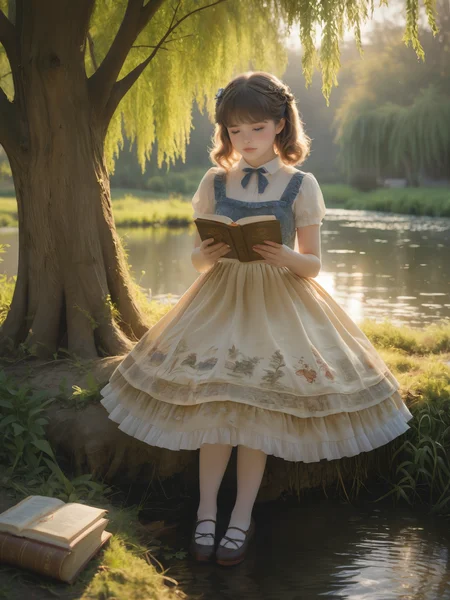 photorealistic, highly detailed Storytelling Photo of a girl adorned in a swe3tjsk dress with very full skirt and tights, reading a vintage book under a weeping willow by a tranquil pond, softly lit by the setting sun, photographed from a distance to convey a serene and nostalgic narrative. SkinHairDetail-SDXL OverallDetail-SDXL <lora:SweetLolitaXLv4.23:1.0>