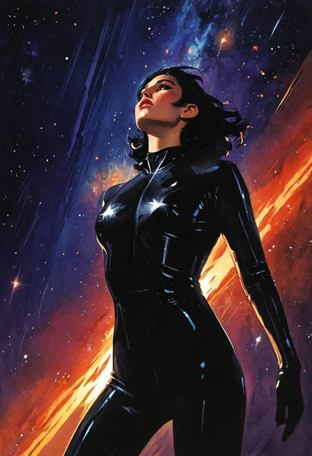 (Masterpiece, Best Quality, Highres:1.4), (dramatic, cinematic:1.2) color wash, ink wash, illustration, storytelling, A cinematic, scifi portrait of dark-haired seasoned athletic male space adventurer scoundrel wearing black leather bodysuit, background galaxies starscapes astronomical phenomena, he is partially cloaked in darkness, high contrast, strong contrast between light and shadow, solo, neo-noir ethereal portrait, chrome-kissed halides, golden venetian blind streaks of light running across the face with the rest of the room surrounded by deep shadows, slicing across their face and shoulder in alternating bands. The scene evokes 1940s noir with a modern twist—polished, seductive, and full of latent danger., aidmamj6.1, 3xpr3sgg0th1cn30n1nc4s3, ExpresHGothicNeonIncaseUOC, ExpresHGothicNeonIncase,