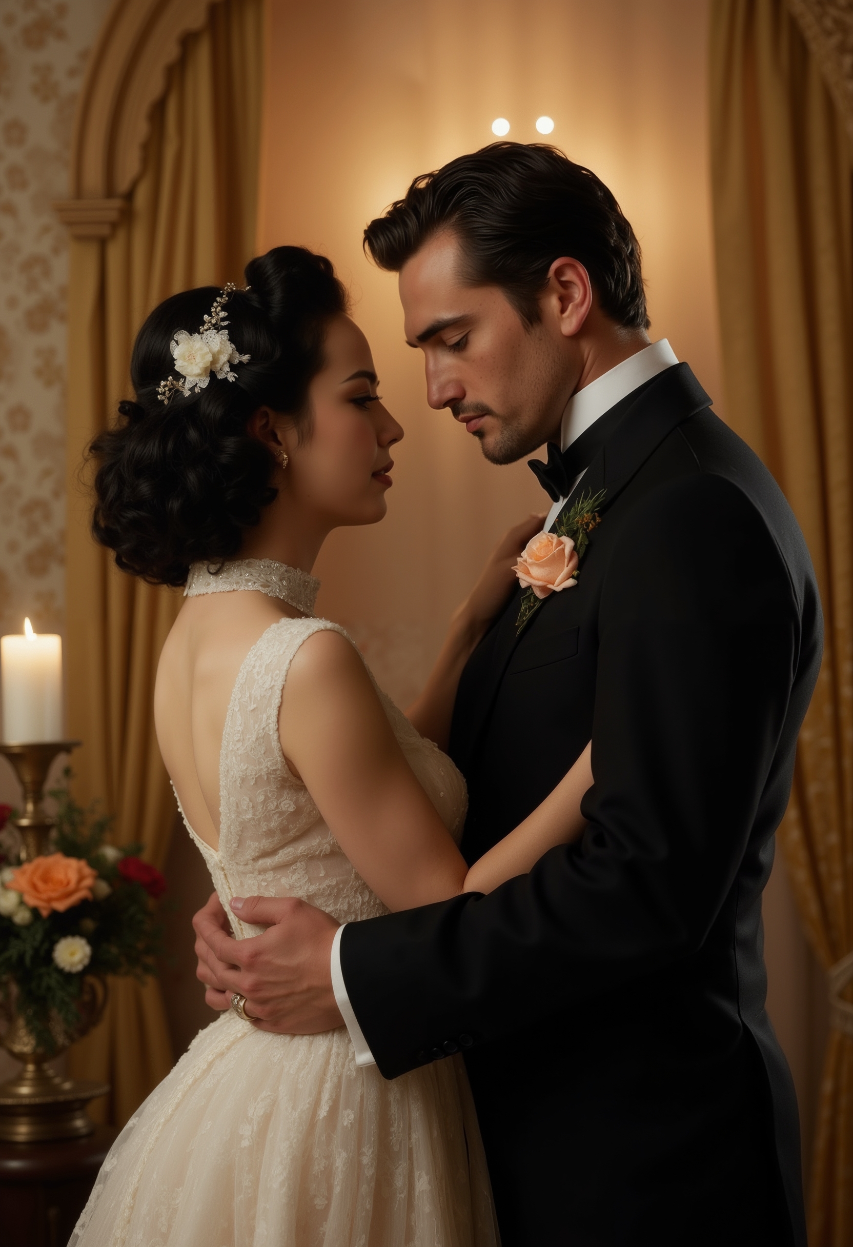 A stylized scene inspired by the iconic 1939 film "Gone with the Wind". The Bride, a woman with short, curled black hair with white streaks on the side, is adorned in a white wedding dress with a high-necked collar and a string of flowers in her hair, facing left and making eye contact with him. He appears as a tall figure with a stern look and chapped lips, dressed in a dark dapper suit. They are closely positioned in a dimly lit, romantic room, with an arch of golden cloth in the background and patterned wallpaper Gothic elements include white candles and candelabras, along with light green plants. Vibrancy is added by the presence of orange flowers with gold centers and dark red flowers in the scene. The classic and intimate ambiance is highlighted by soft illumination, evoking warmth, elegance, nostalgia, and a touch of natural vitality.