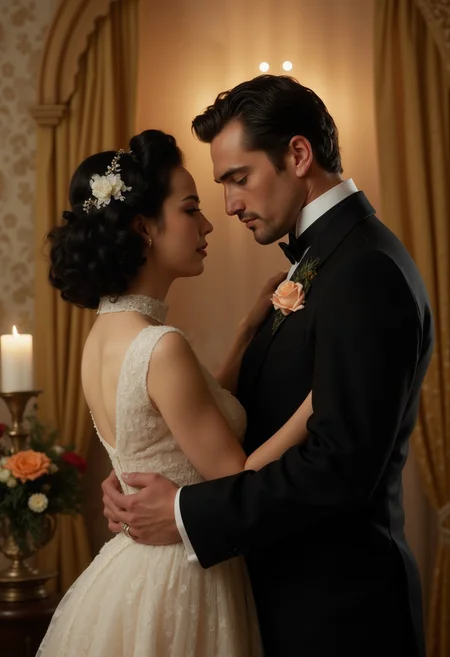 A stylized scene inspired by the iconic 1939 film "Gone with the Wind". The Bride, a woman with short, curled black hair with white streaks on the side, is adorned in a white wedding dress with a high-necked collar and a string of flowers in her hair, facing left and making eye contact with him. He appears as a tall figure with a stern look and chapped lips, dressed in a dark dapper suit. They are closely positioned in a dimly lit, romantic room, with an arch of golden cloth in the background and patterned wallpaper Gothic elements include white candles and candelabras, along with light green plants. Vibrancy is added by the presence of orange flowers with gold centers and dark red flowers in the scene. The classic and intimate ambiance is highlighted by soft illumination, evoking warmth, elegance, nostalgia, and a touch of natural vitality.