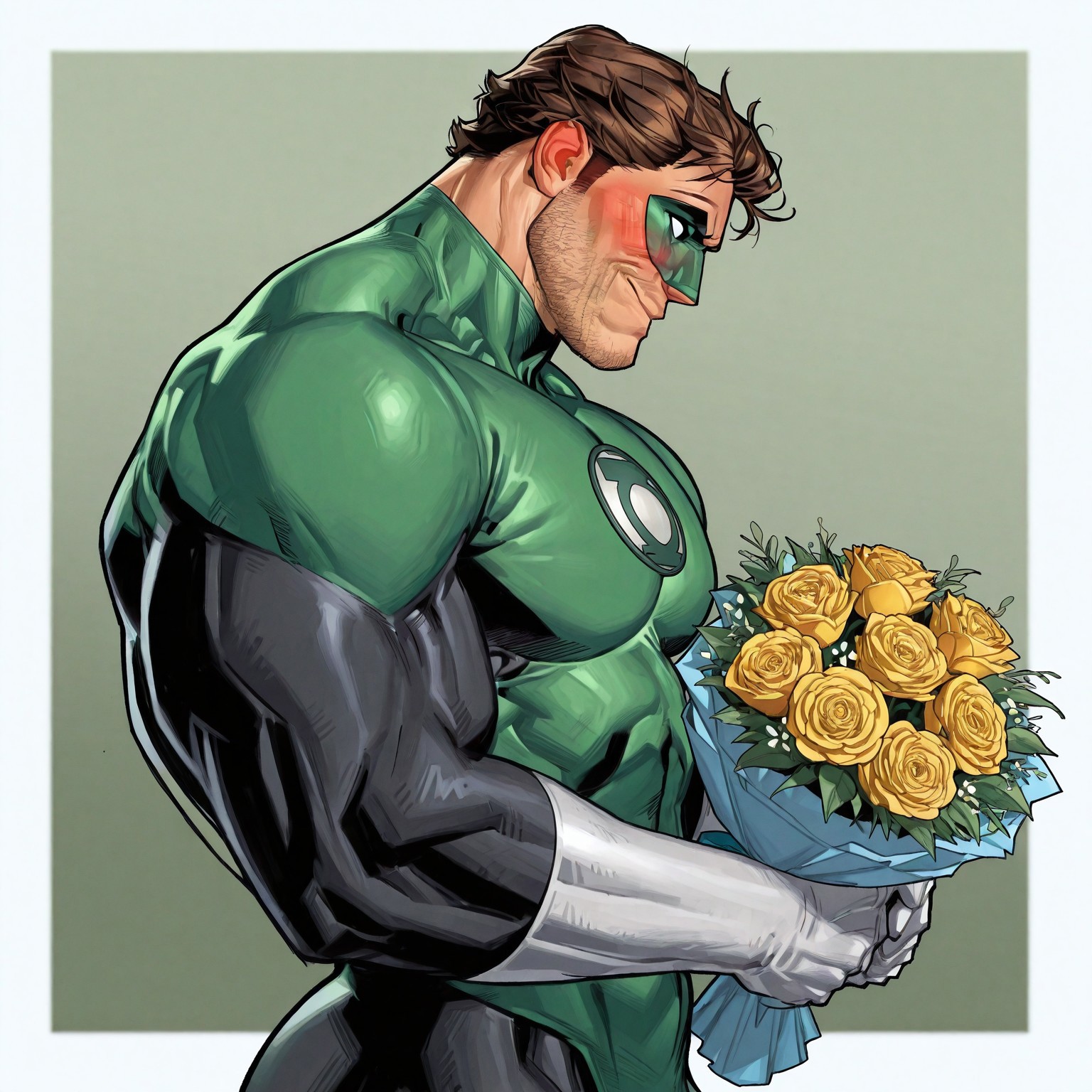 masterpiece, best quality, newest, absurdres, highres, white borders around characters, soft light, BREAK bara, muscular, 1man, male focus, male, male focus, 1boy, GreenLanternOldDC, white sclera, green mask, mouth, short hair, blonde hair, greying hair, eye mask, strong jaw, unshaven face, {{beefy}}, {{muscular}}, {{large}}, close up to face, mouth, smiling, costume, blushing, Bouquet of flowers, holding bouquet of flowers 