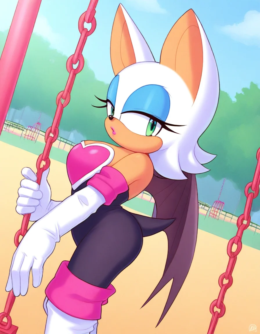 , <lora:rouge-the-bat-illustriousxl-lora-nochekaiser:1>, rouge, animal ears, bat ears, bat girl, bat tail, bat wings, eyeliner, furry, furry female, green eyes, makeup, tail, white hair, wings, eyeshadow,, bare shoulders, boots, elbow gloves, gloves, heart, knee boots, white footwear, white gloves,, public park, playground, swing set, laughter, sunny day, , from side, looking at viewer, solo,, dutch angle, cowboy shot