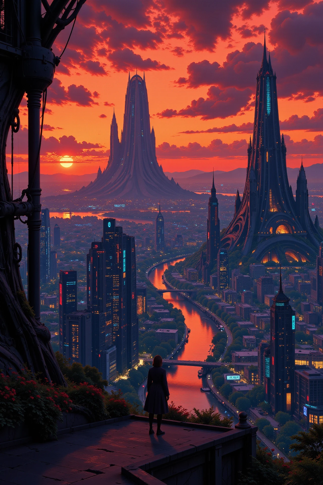 a futuristic sci-fi fantastic cyberpunk city beautiful  landscape, dusk, woman, very intricate, very detailed, sharp, bright, colorful, <lora:Hand v2:0.5> <lora:Anti-Blur:1><lora:Insane Detail Slider:0.25>  <lora:flux.1_lora_flyway_Epic-detail_v2:0.3> <lora:fluxenhancer:0.25> <lora:Anime_style:0.6> anime style
