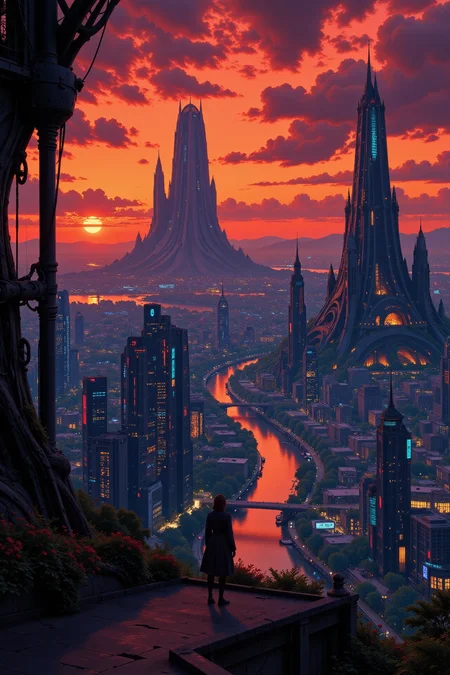 a futuristic sci-fi fantastic cyberpunk city beautiful landscape, dusk, woman, very intricate, very detailed, sharp, bright, colorful, <lora:Hand v2:0.5> <lora:Anti-Blur:1><lora:Insane Detail Slider:0.25> <lora:flux.1_lora_flyway_Epic-detail_v2:0.3> <lora:fluxenhancer:0.25> <lora:Anime_style:0.6> anime style
