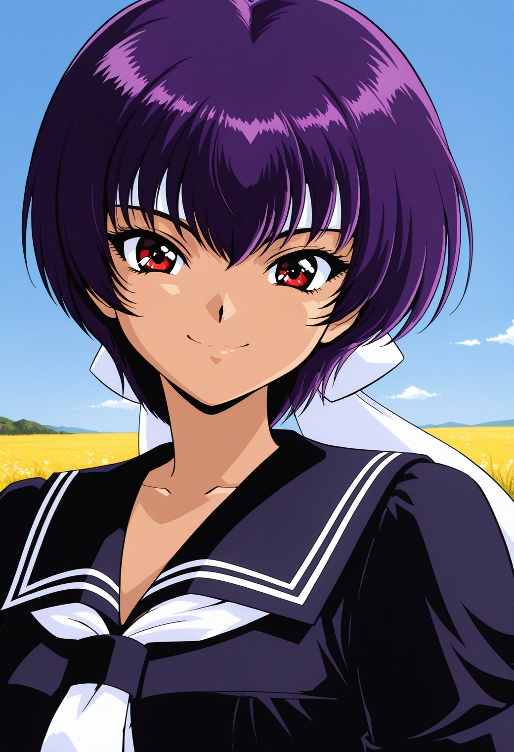 kawasaki_shinobu, red eyes, purple hair, short hair, headband, school uniform, black serafuku, black sailor collar, white neckerchief, short sleeves, <lora:asuka120_kawasaki_shinobu_illustrious_ver1:0.8> 
smile,, masterpiece, best quality, general,, 1girl, solo, (field:1.2), (blue sky:1.2), looking at viewer,, (upper body:1.2), (close-up:1.2), (facing viewer:1.2), (open eyes:1.4), (portrait:1.2)