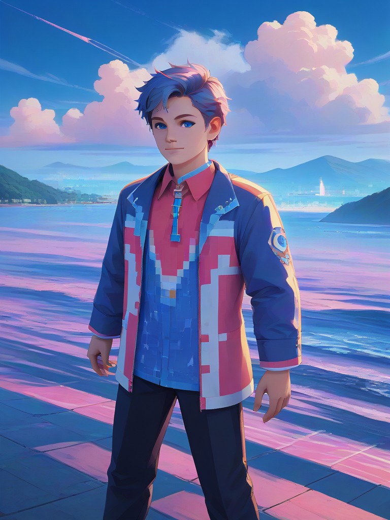 a representative feather, Hyperrealism, a witty waterfalls, matte painting, a vanishing thorn, synthwave, 1boy, solo, colourful, technoblade, score_9, score_8_up, score_7_up, masterpiece, best quality, very aesthetic