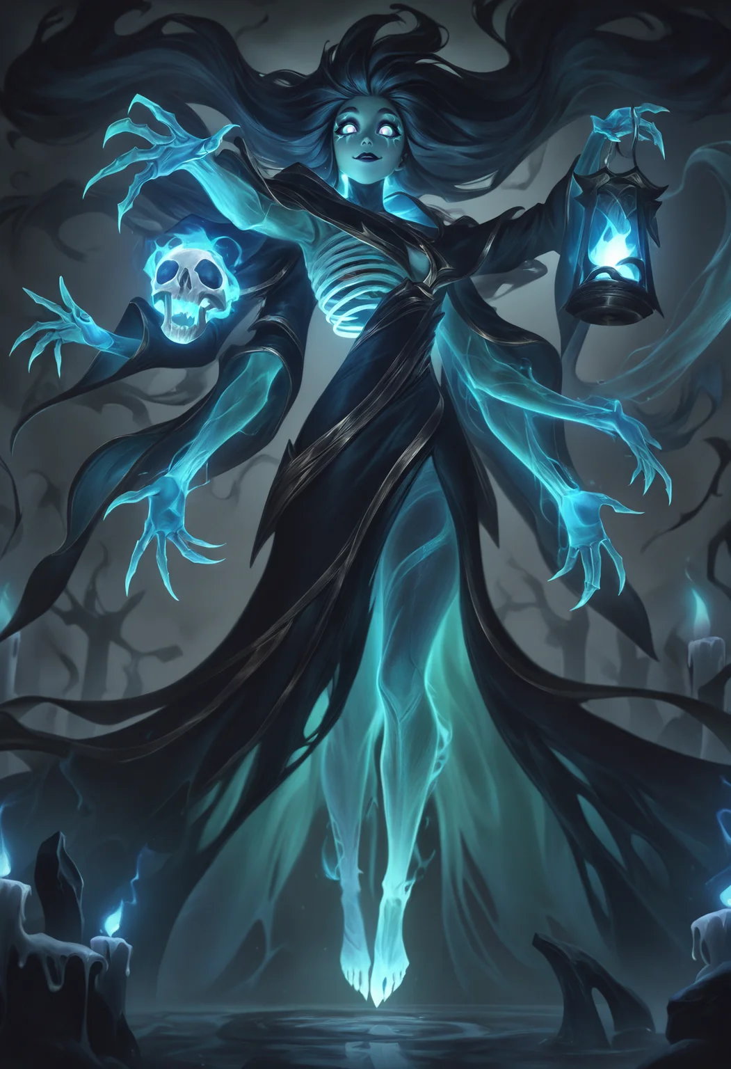 West Studio, SIXMOREVODKA, best quality, masterpiece \(quality\), L0LSPL4SH, year2024, year2023, 1girl,
A ghostly woman hovers above a ruined battlefield, wearing tattered robes made of shadow and mist. Her black hair floats unnaturally, and her pale, glowing skin reveals blue veins beneath. In one skeletal hand, she holds an ornate lantern, leaking ethereal blue flames with trapped souls inside. Fog rolls around her, blending her haunting figure into the decaying, twisted landscape.
holding skull, blue skin, skeletal leg, skeletal hand, bone armor, dress, long sleeves, solo, long hair, reaching, standing, small breasts, full body, white eyes, lantern, extra arms, outstretched arm, candle, looking at viewer, monster girl, floating, holding lantern, colored sclera, grey background, ribs, blue fire, floating hair, ghost, black sclera, fire, breasts, bone, holding, colored skin, reaching towards viewer, smile, black hair, ghost girl
, <lora:L0LSPL4SH_IllustriousXLv01:1>